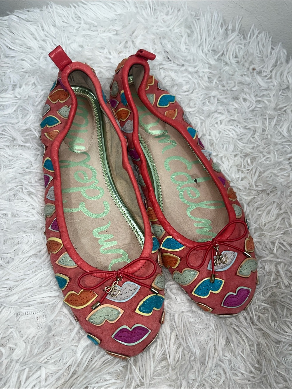 Sam Edelman Coral Ballet Flats with Multicolor Lip Appliqués